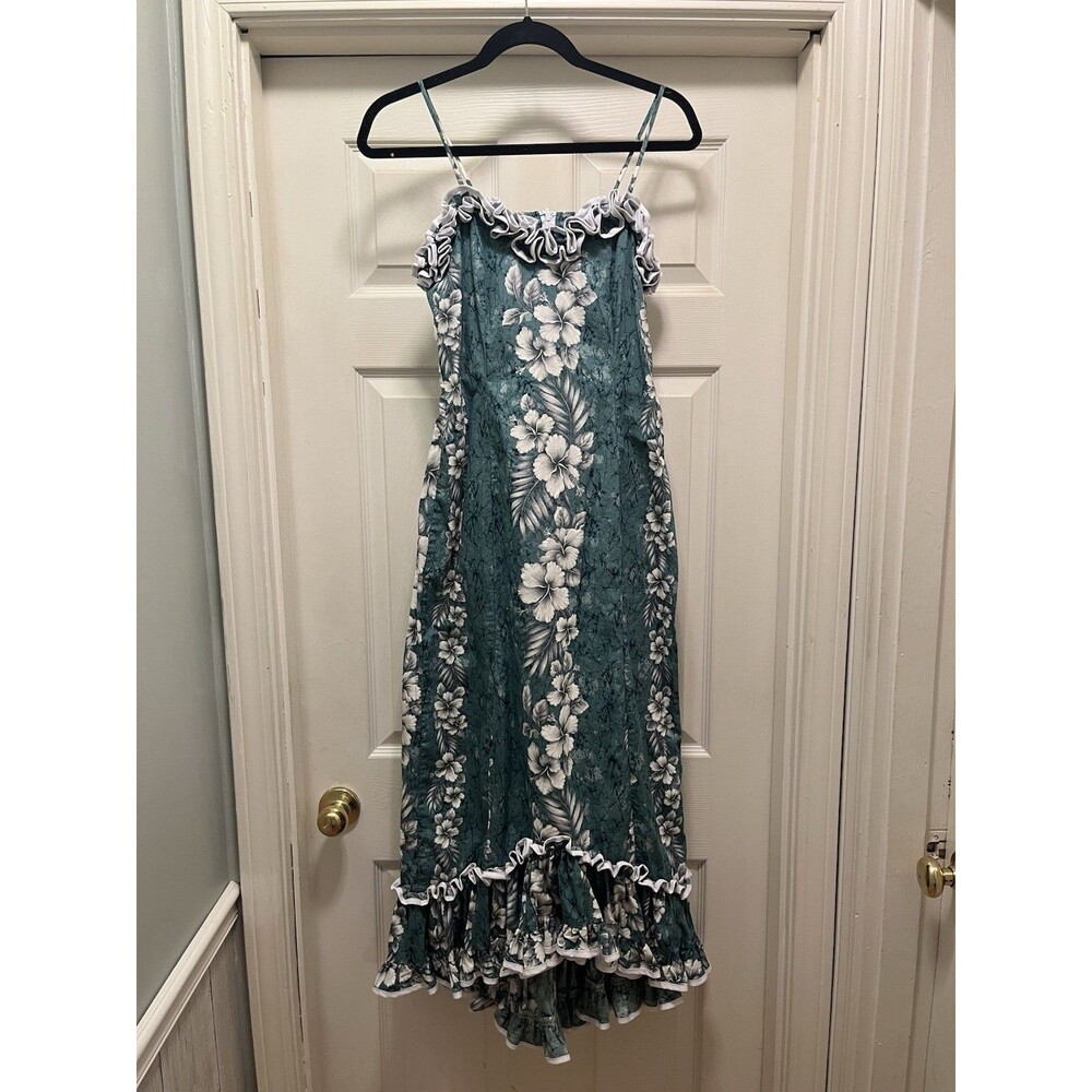 Halekulani Teal w White Flowers Ruffled Hem Dress S Wedding Beach Resort